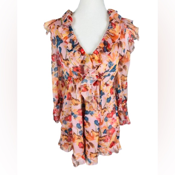 Aqua Multicolor Floral Ruffle Open Back Romper Size S